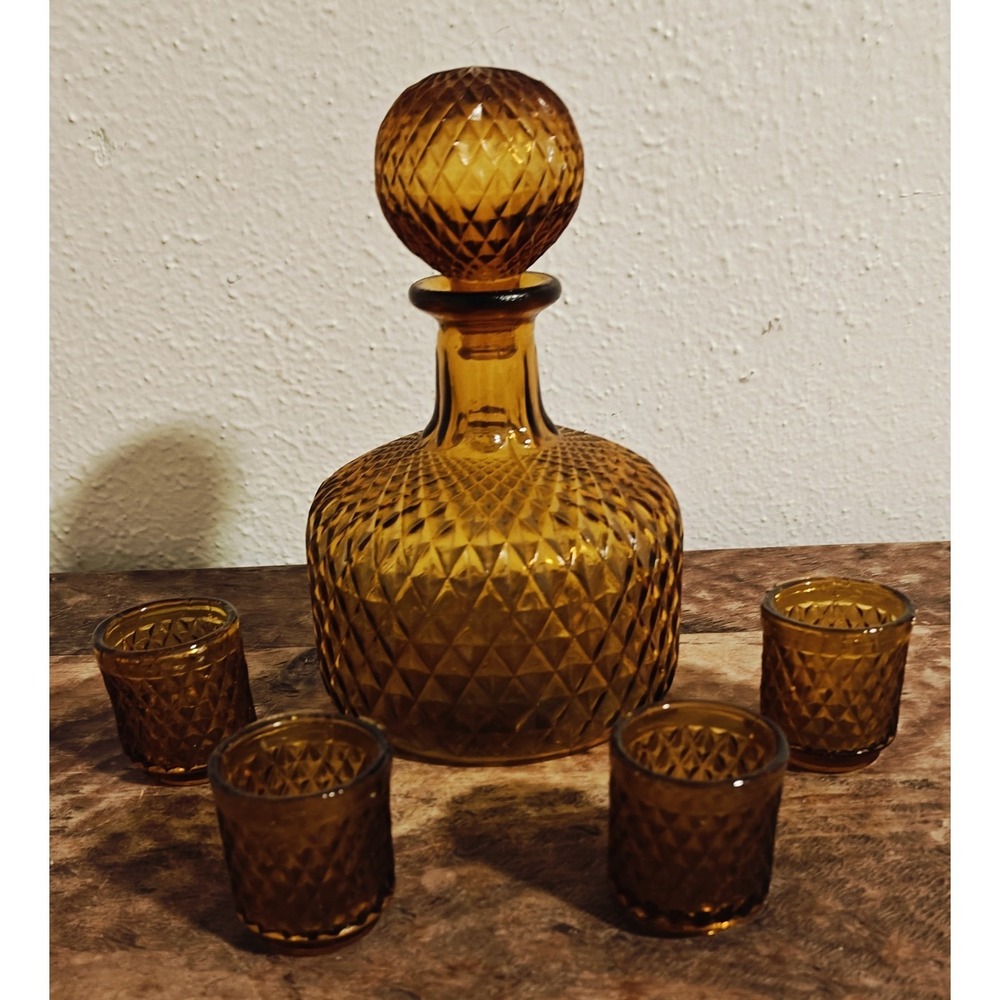 Vintage Diamond Cut Amber Color Glass Decanter w/ 4 Cups